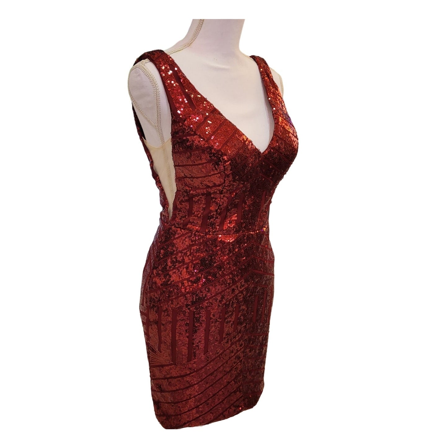 Women's Short Red Sequin Dress with V Neck and Low Back