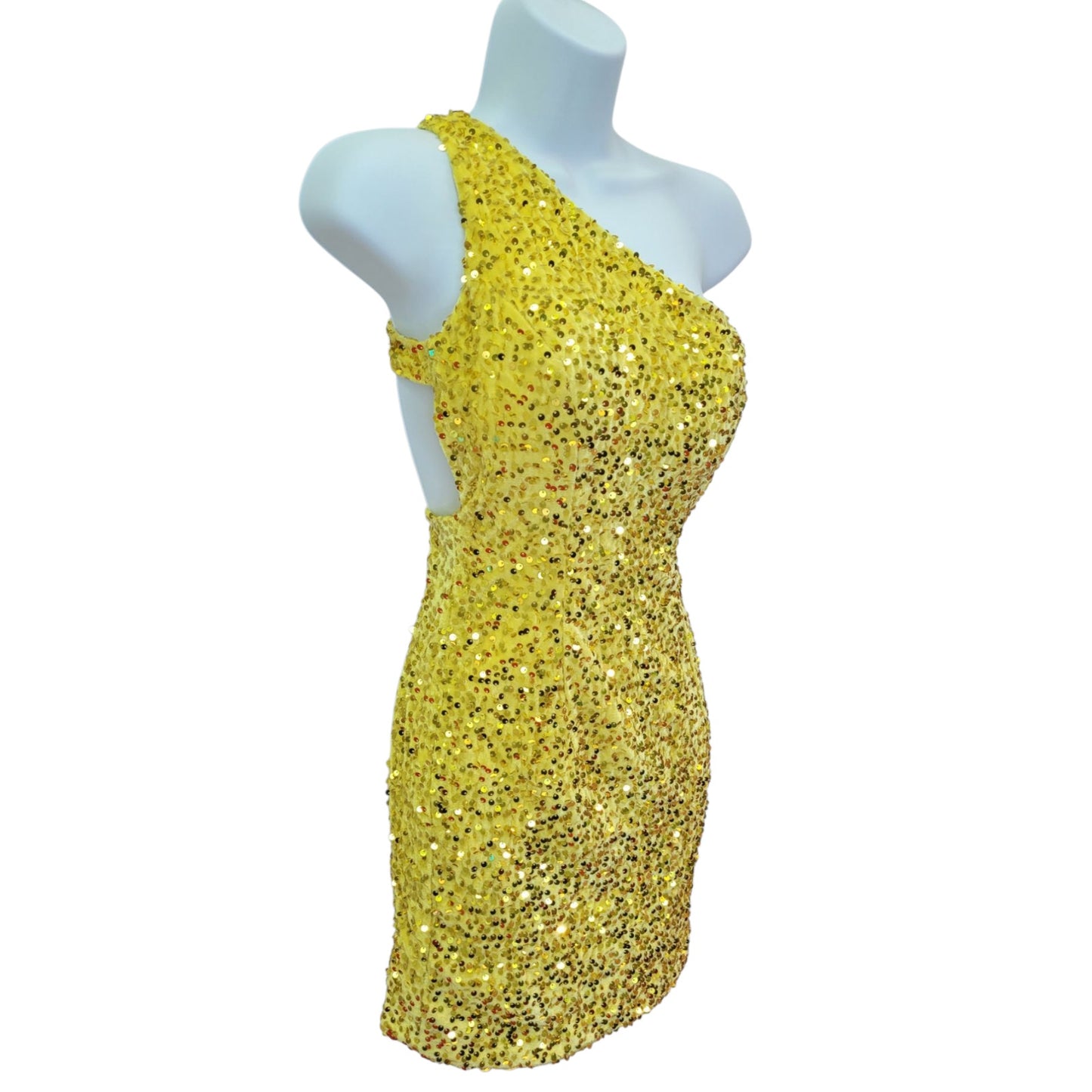 Women's Short One Shoulder Strappy Sequin Dress in Yellow