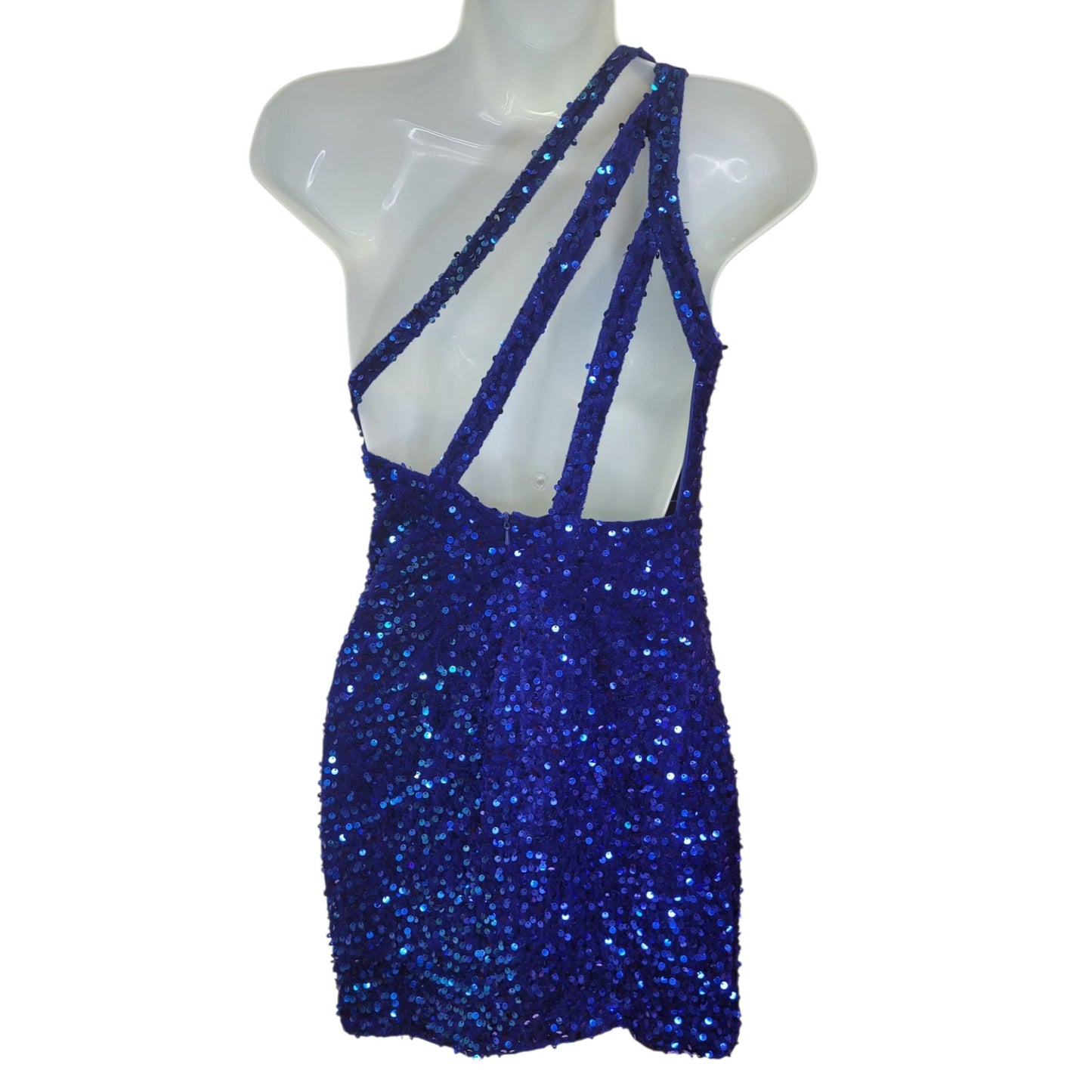 Women's Short One Shoulder Strappy Sequin Dress in Royal Blue
