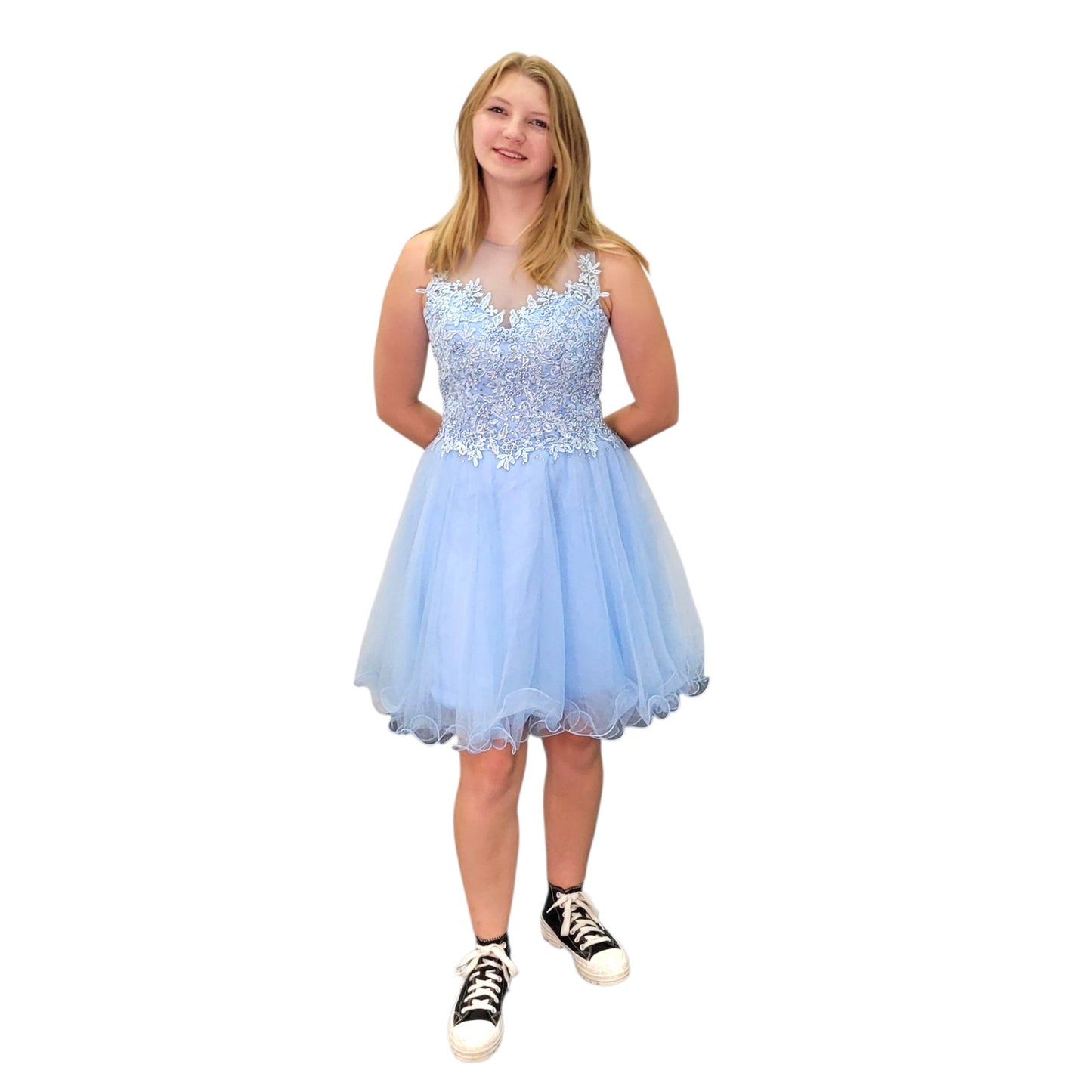 NWT Short Cocktail Dress with Beaded Bodice and Mesh High Neck