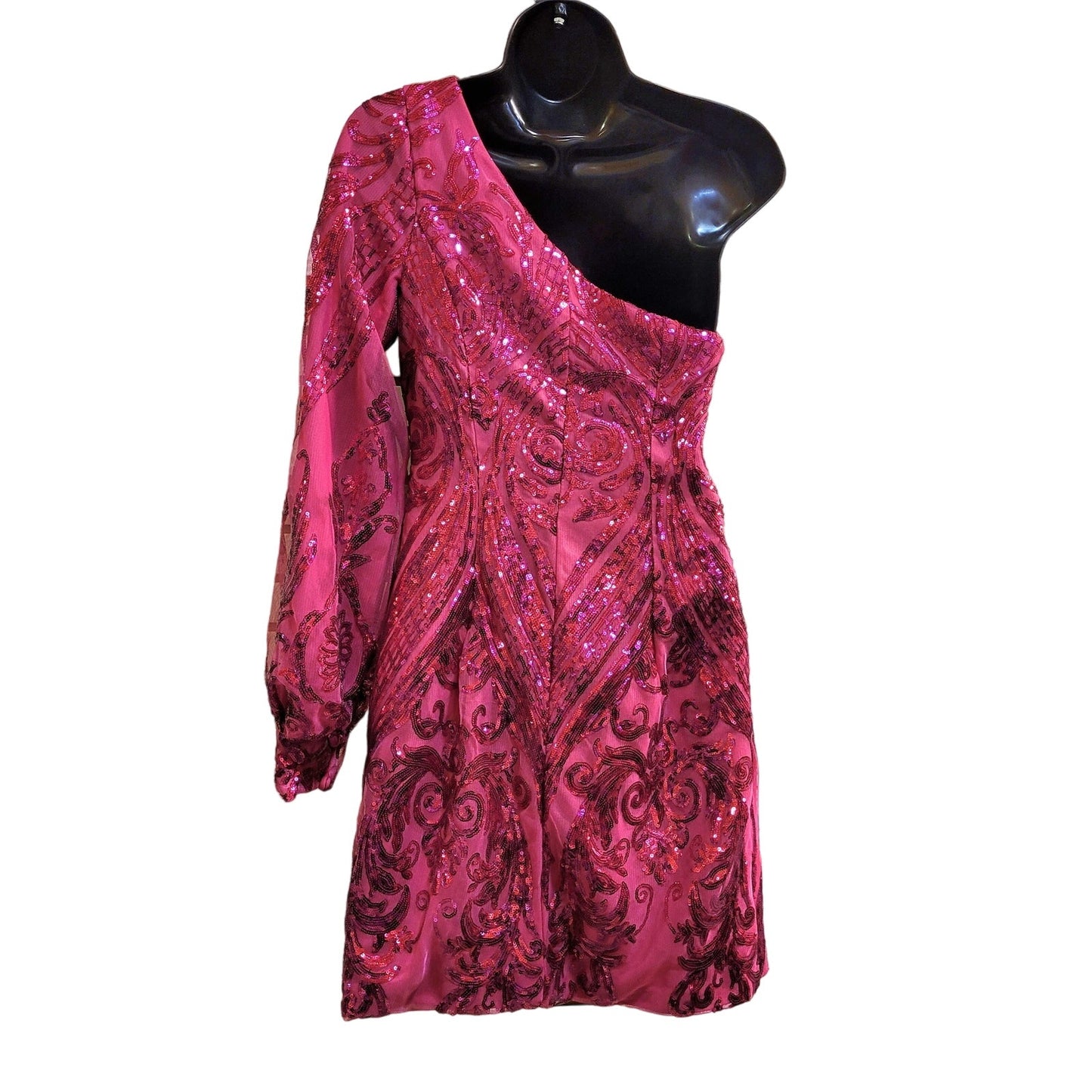 Women's Hot Pink Short Asymmetrical Formal Dress One Sleeve