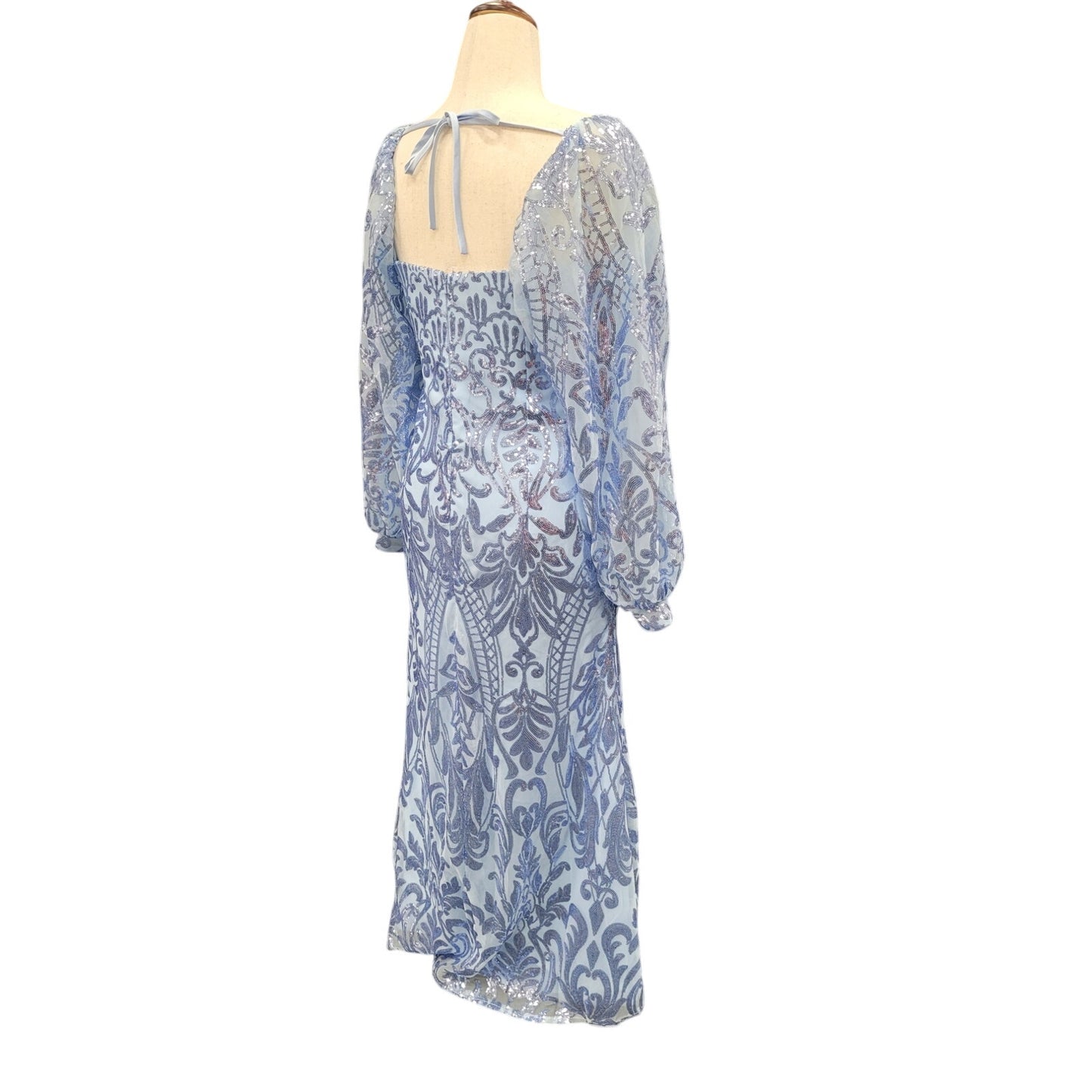 Long Sleeved Patterned Sequin Gown in Light Blue
