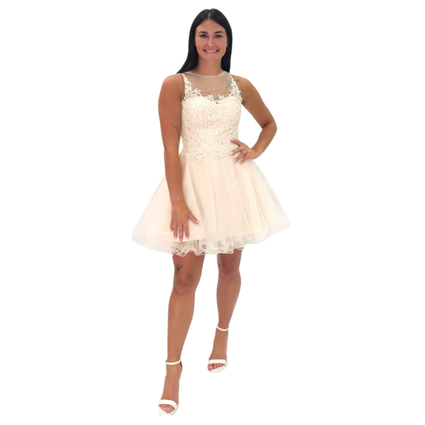 NWT Short Cocktail Dress with Beaded Bodice and Mesh High Neck