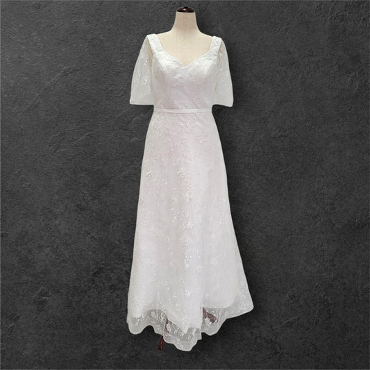 A Line Wedding Dress with Trumpet Sleeves and V Back