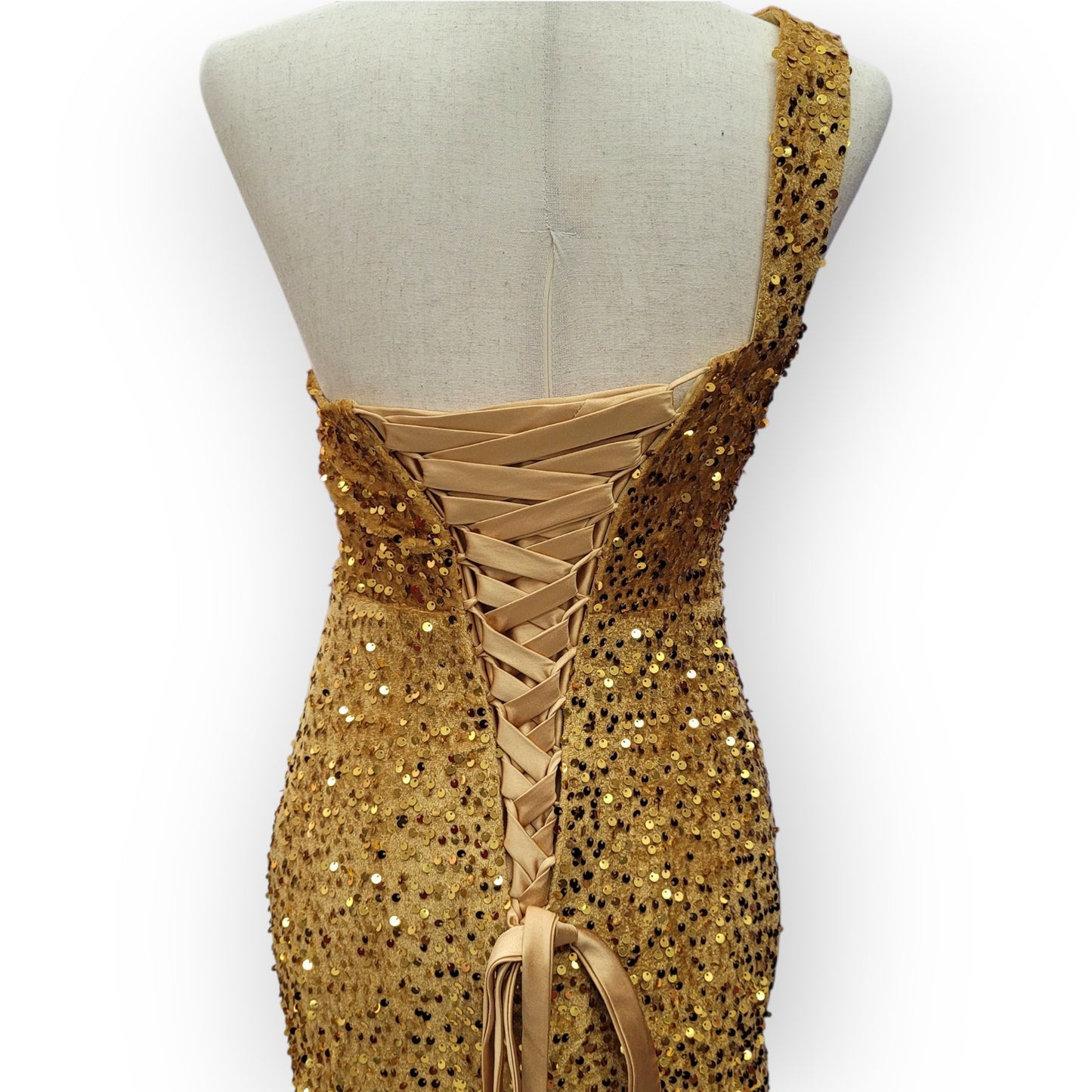 Gold One Shoulder Evening Gown with Gathered Waist and Corset Back