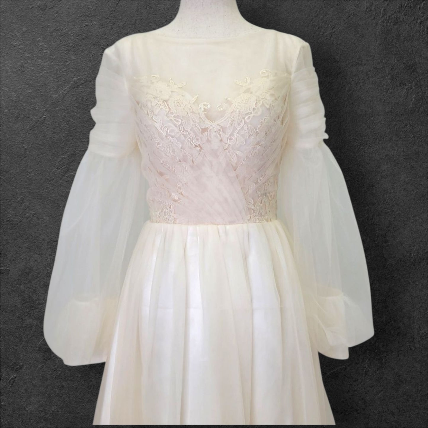 A Line Champagne Wedding Dress with Long Tulle Sleeves and Full Corset