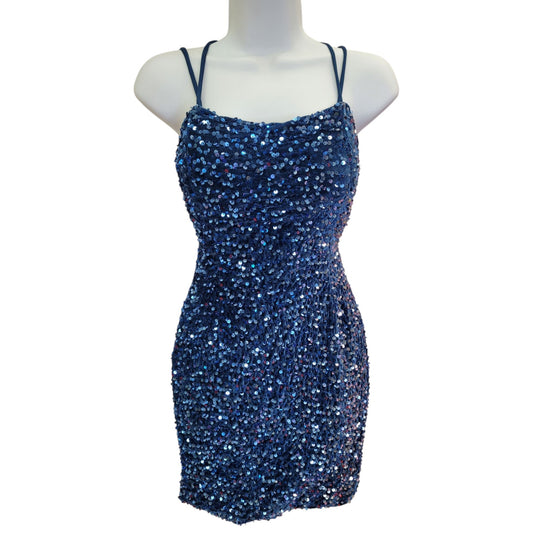 Women's Short Teal Sequin Dress with Strappy Corset Back