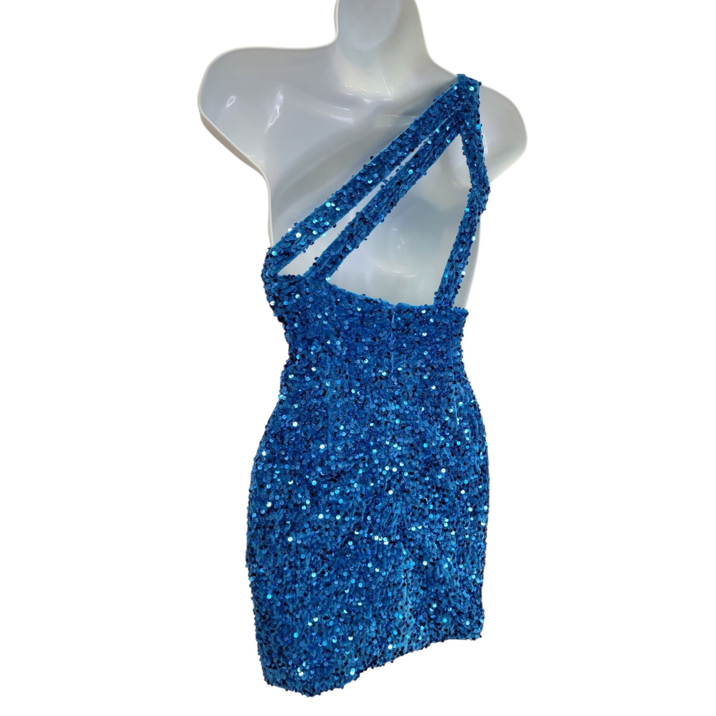 Women's Short One Shoulder Strappy Sequin Dress in Sky Blue