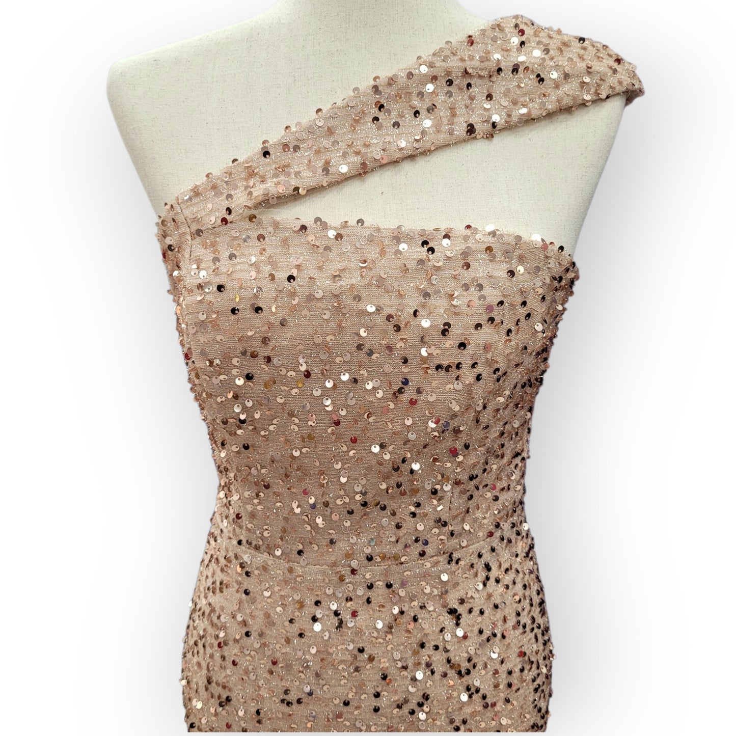 Fitted Beige Champagne Sequin Gown with Asymmetric Shoulder Strap