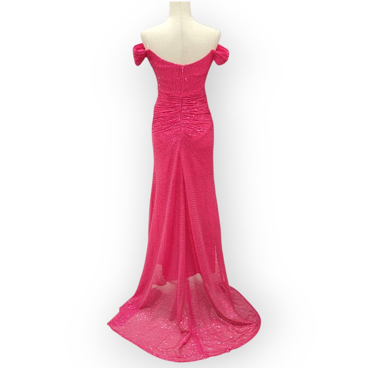 Hot Pink Sequin Evening Gown with Off-Shoulder Sleeves and Train