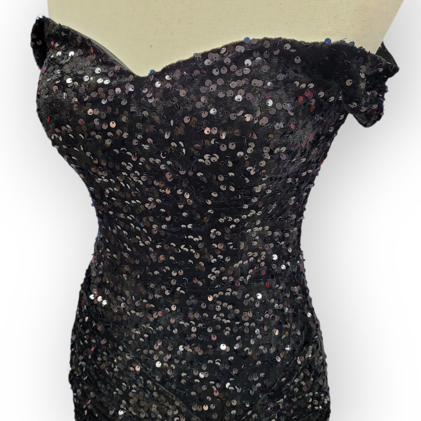 Sultry Off Shoulder Sequin Gown with Corset and Slit