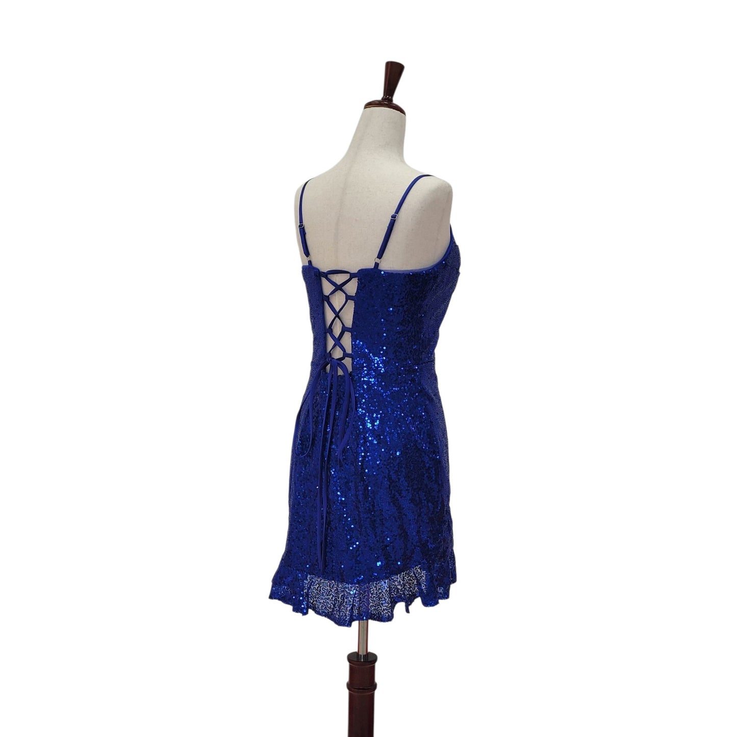 Women's Short Royal Blue Sequin Dress with Corset Back