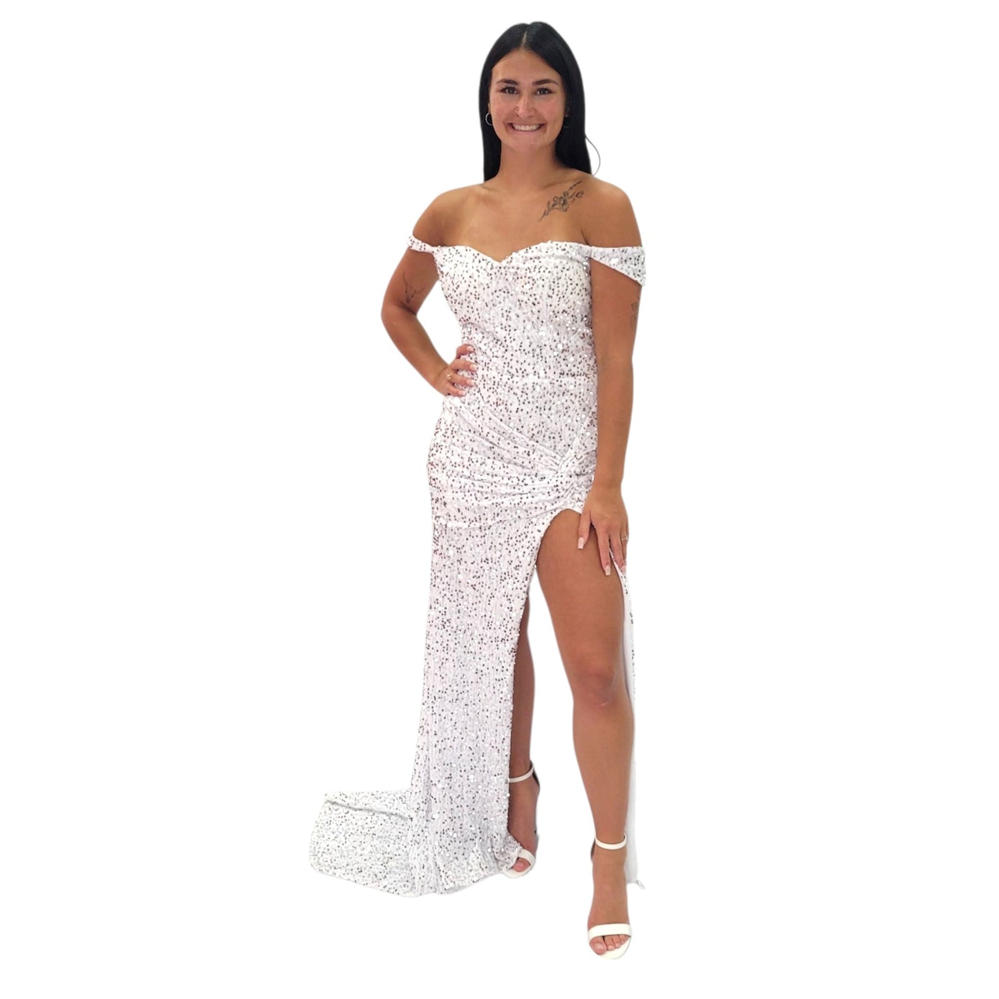 Off Shoulder Sequin Evening Gown with Corset Back on Velvet Fabric