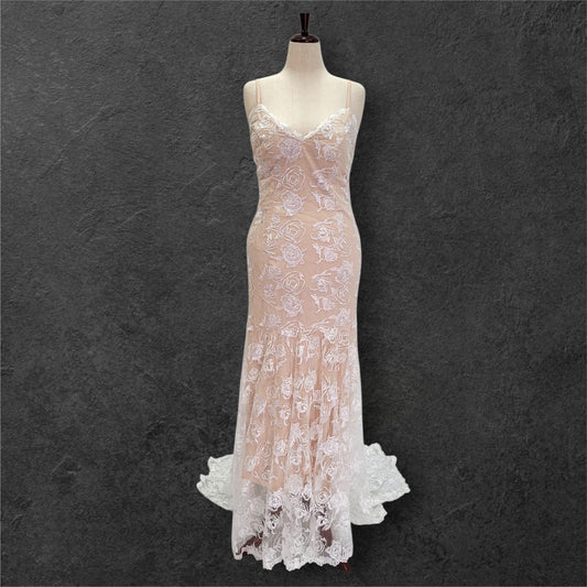 Beige Destination Wedding Dress with White Rose Overlay and Train
