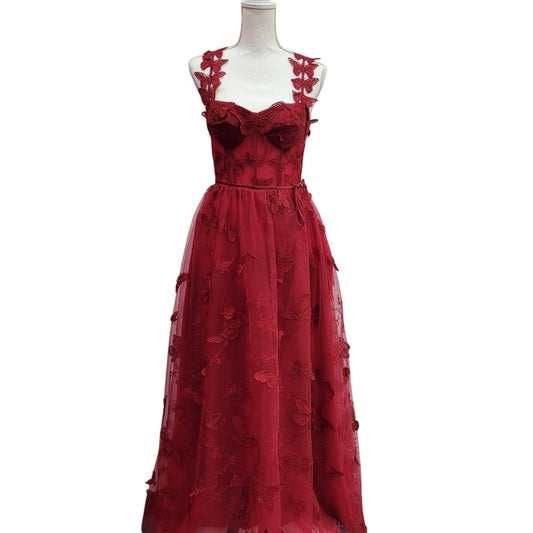 Women's Crimson Red Butterfly Dress with Corset Back
