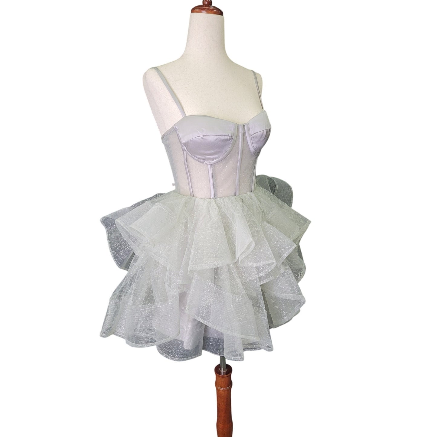 Short Cocktail Dress Tulle Skirt Semi-Sheer Bodice Corset Back