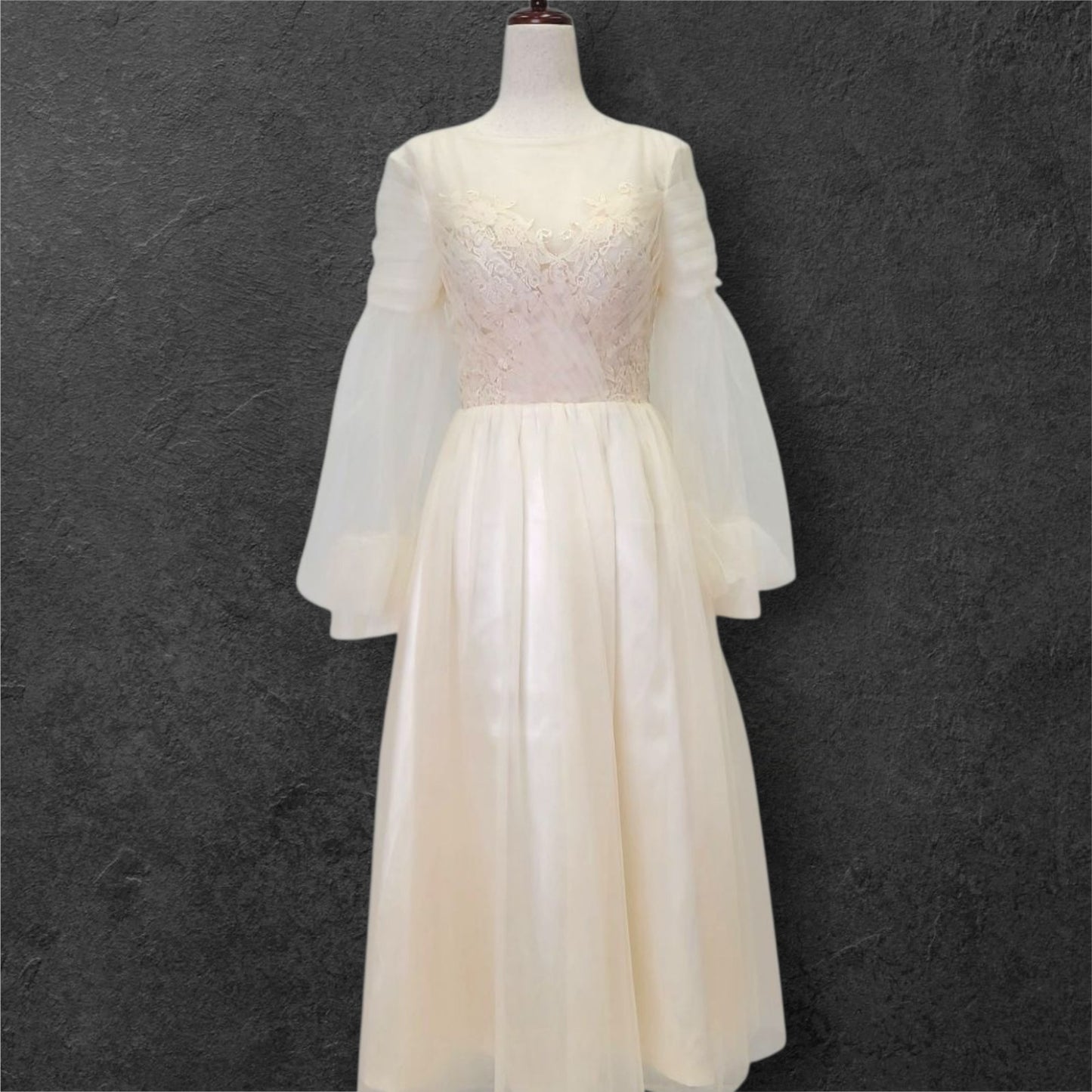 A Line Champagne Wedding Dress with Long Tulle Sleeves and Full Corset