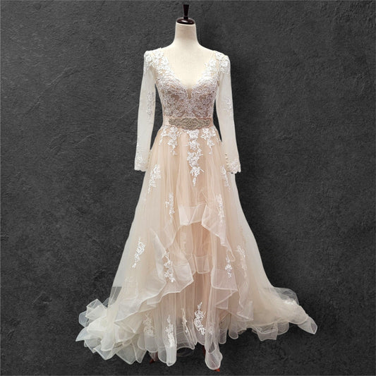 Beige Ballgown with Silver Jeweled Belt and Floral Appliques