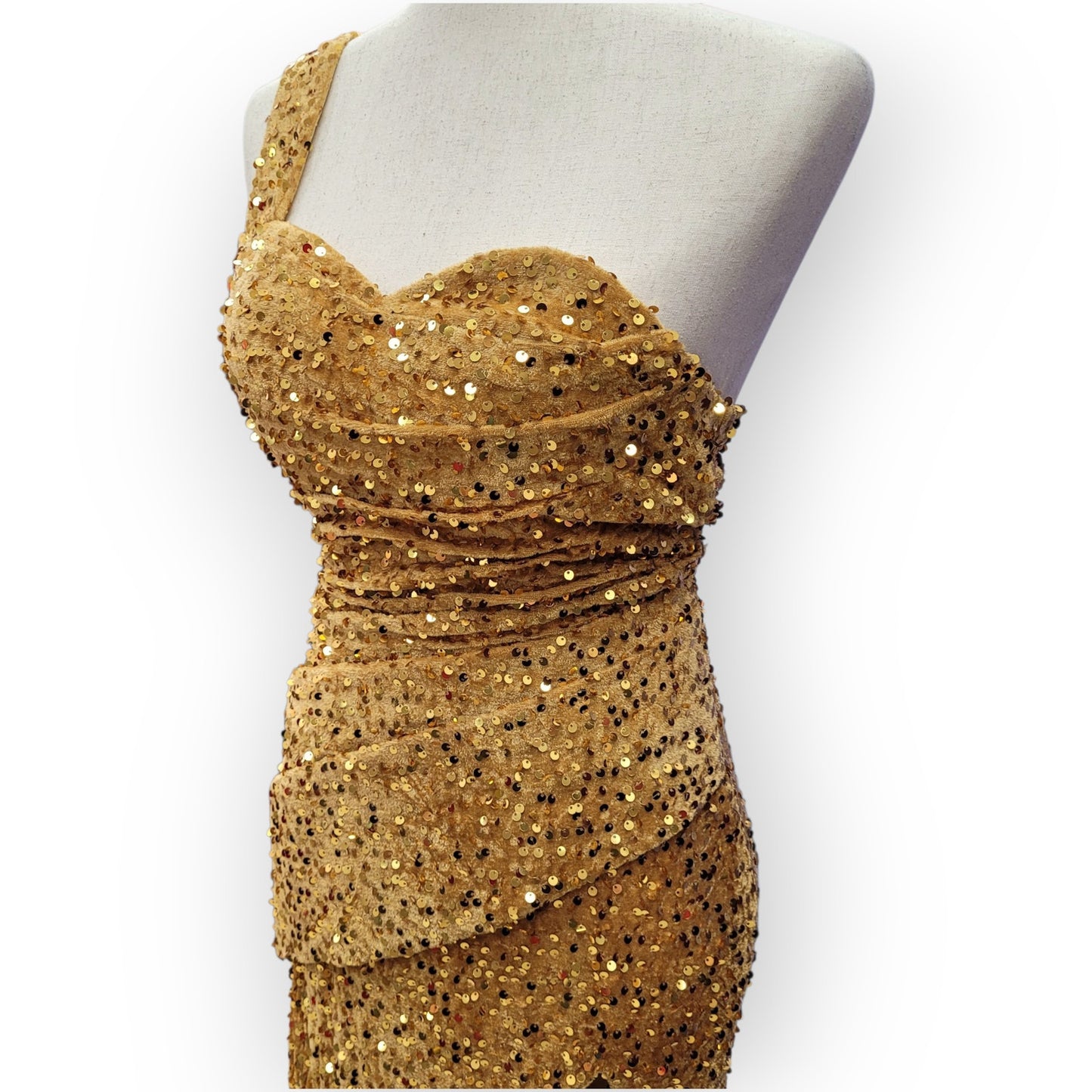 Gold One Shoulder Evening Gown with Gathered Waist and Corset Back