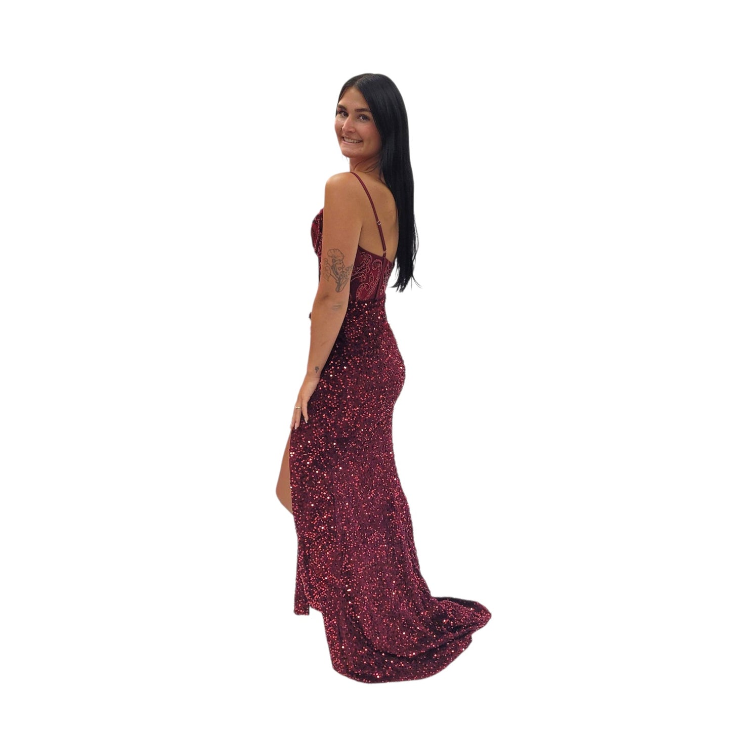 Sequin Evening Gown with Detailed Bodice and Leg Slit