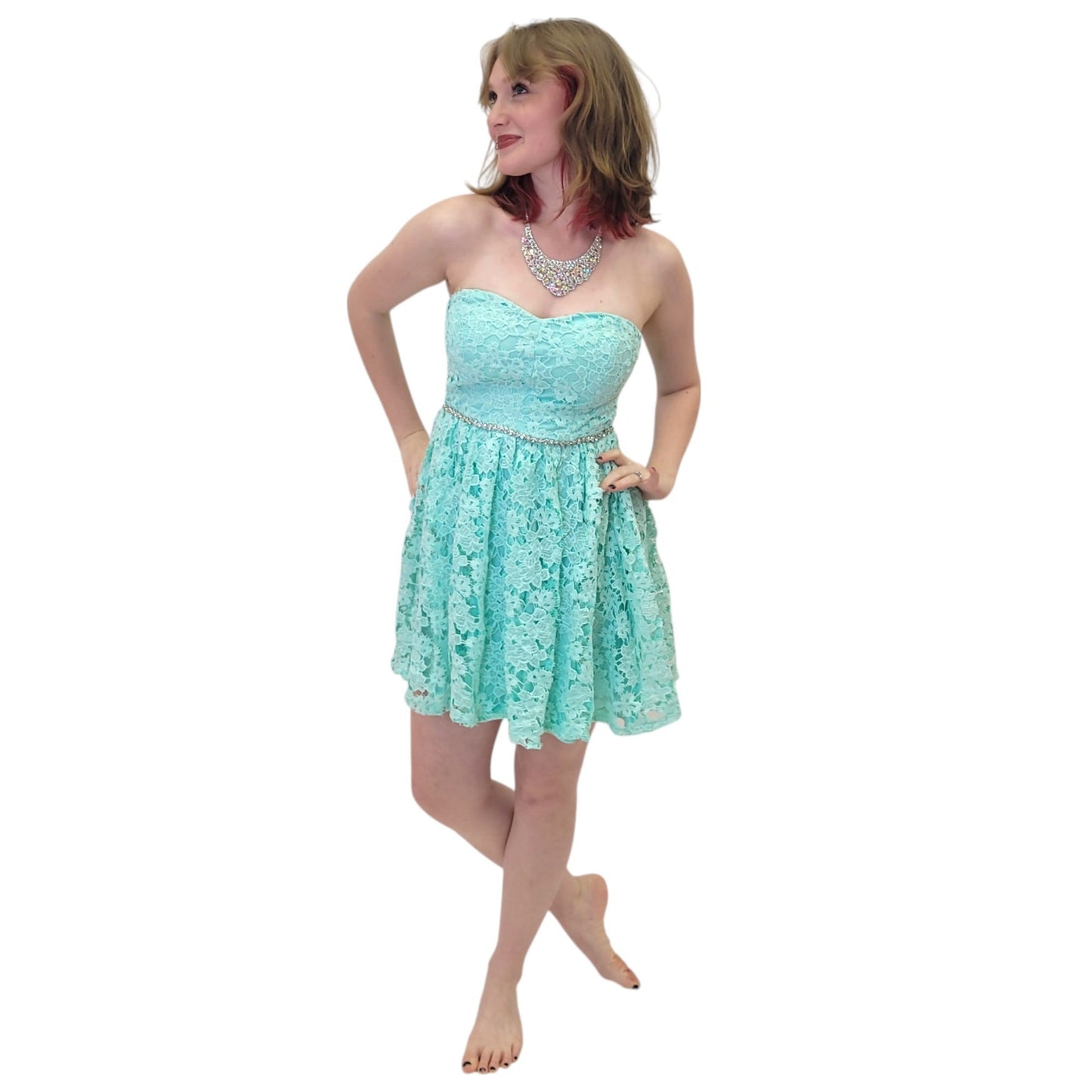 Strapless Turquoise Lace Cocktail Short Dress