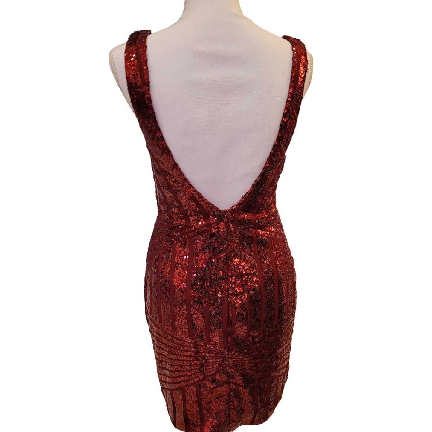 Women's Short Red Sequin Dress with V Neck and Low Back