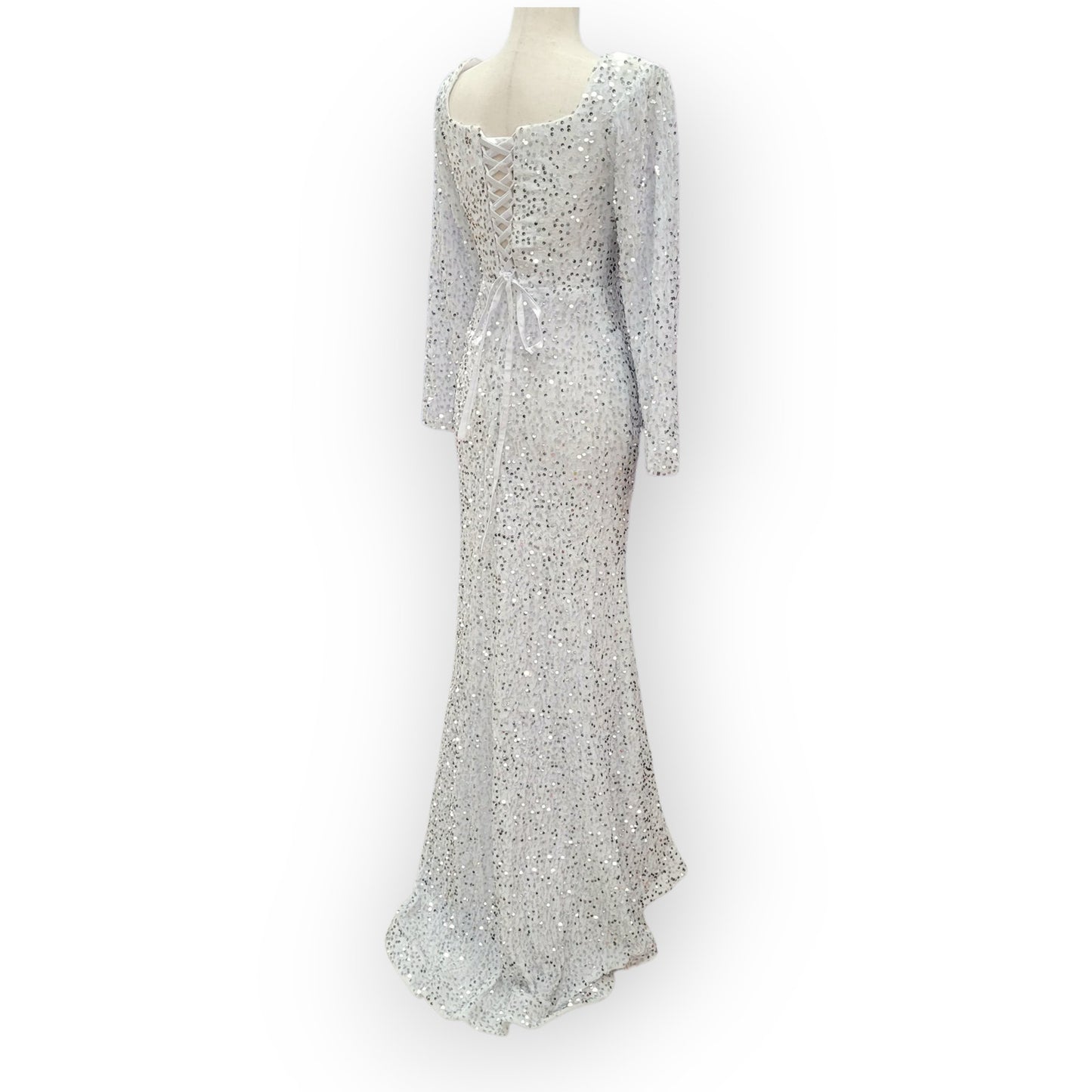 Fitted Long Sleeve Sequin Gown with Leg Slit and Corset Back