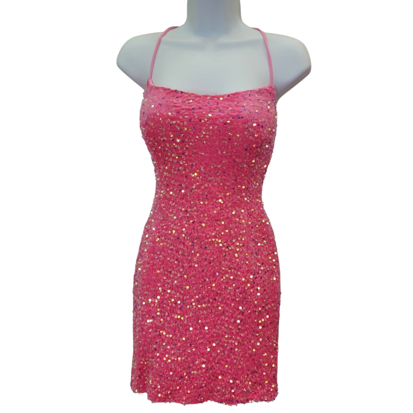 Women's Bubblegum Pink Short Sequin Scoop Neck Corset Back Dress