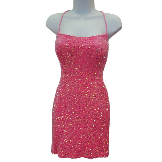 Women's Bubblegum Pink Short Sequin Scoop Neck Corset Back Dress