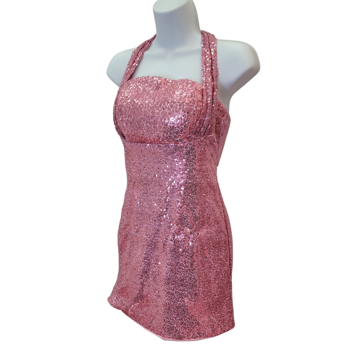 Women's Pink Short Sequin Halter‎ Tie Dress
