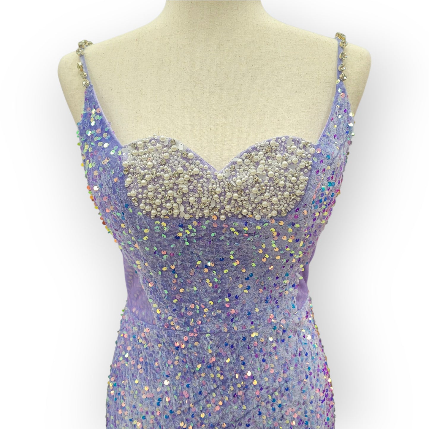 Fitted Iridescent Sequin Gown with Pearl Detail Bust and Tulle Side Train