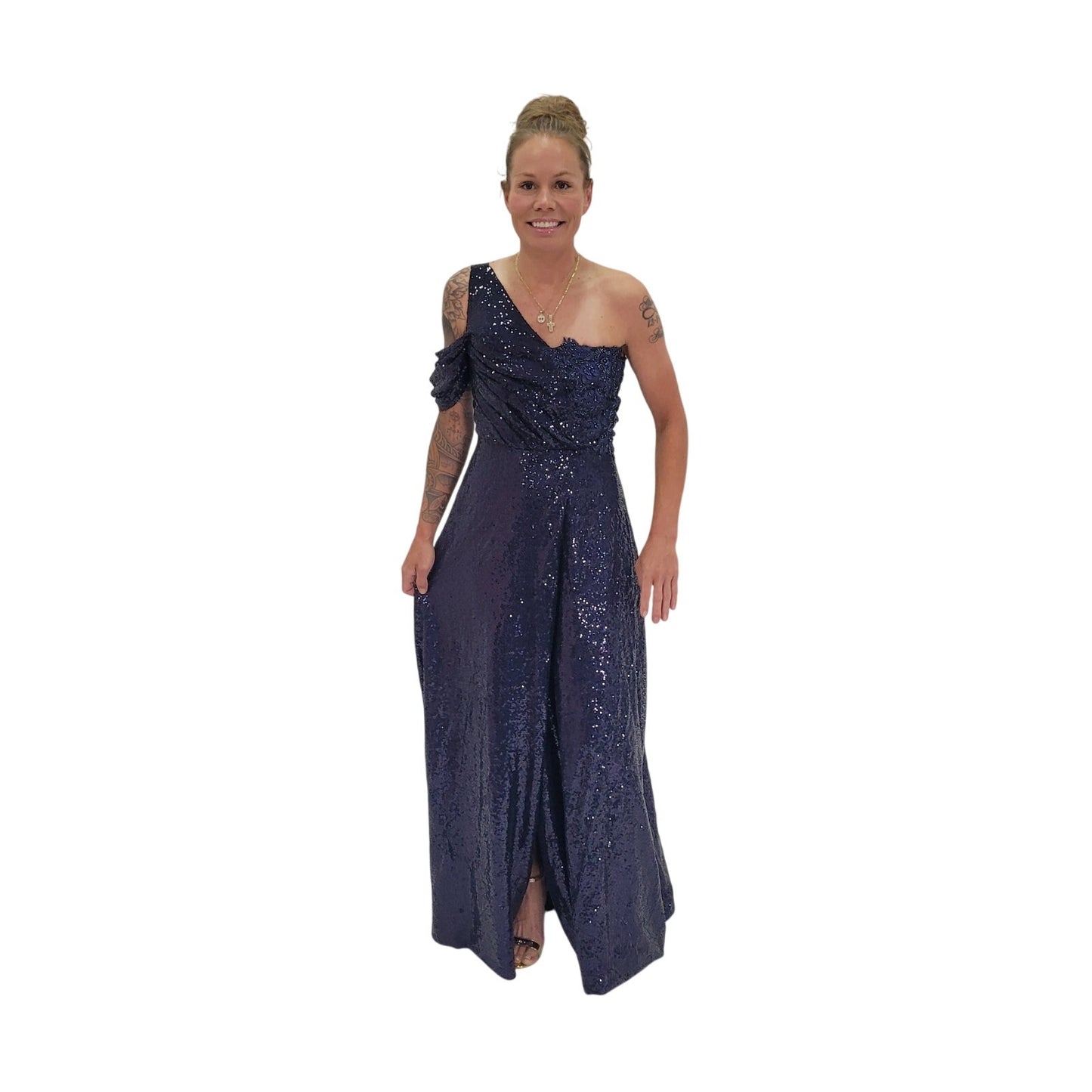 One Shoulder Sequin Evening Gown with Detailed Floral Accent on Bodice