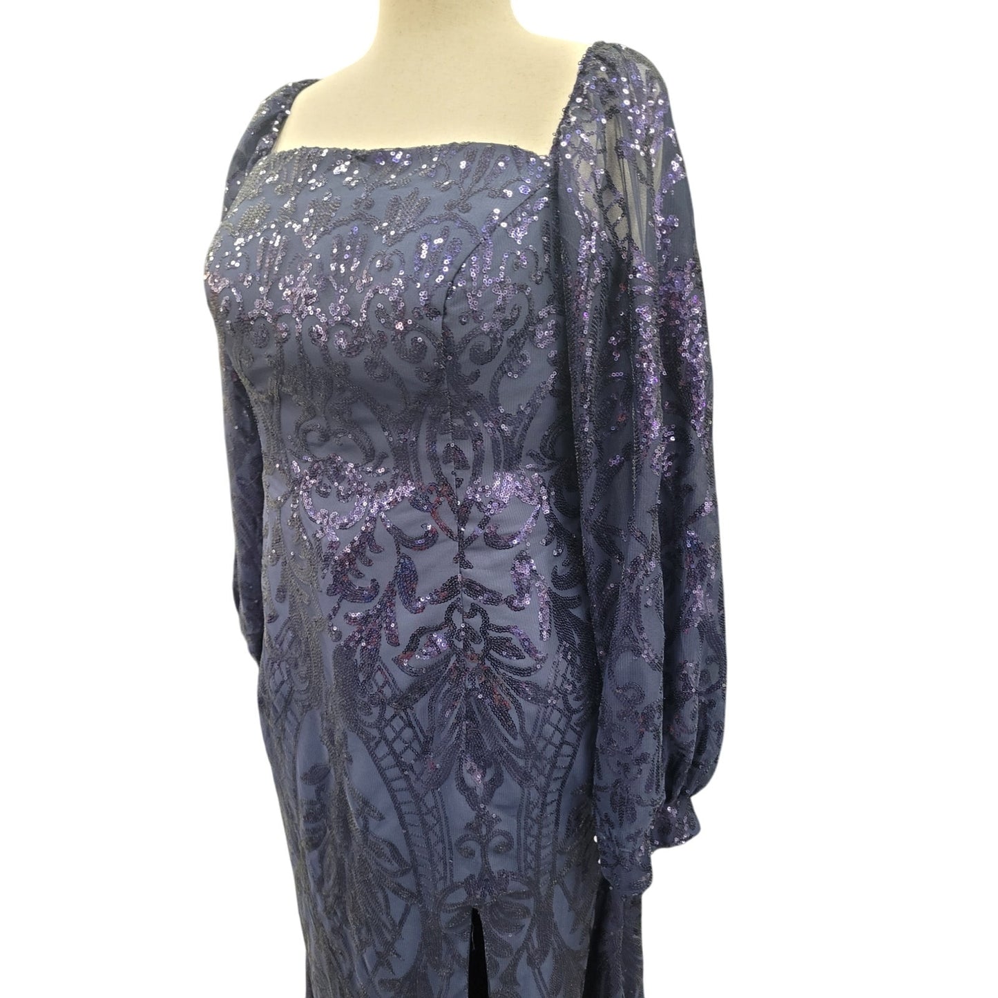 Long Sleeved Patterned Sequin Gown in Navy Blue