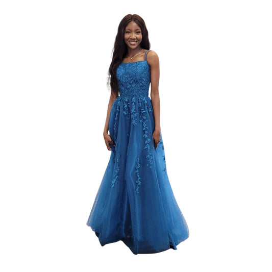 Teal Vine Dress with High Neckline and Strappy Corset Back with Pockets