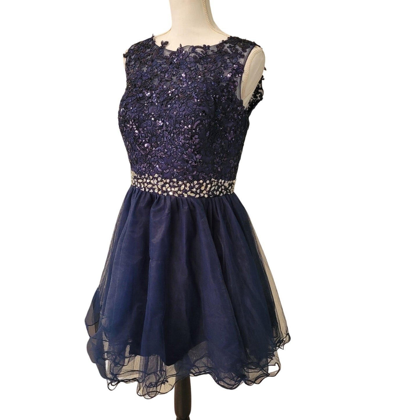 Women's Navy Short Dress Embroidered Bodice Keyhole Back