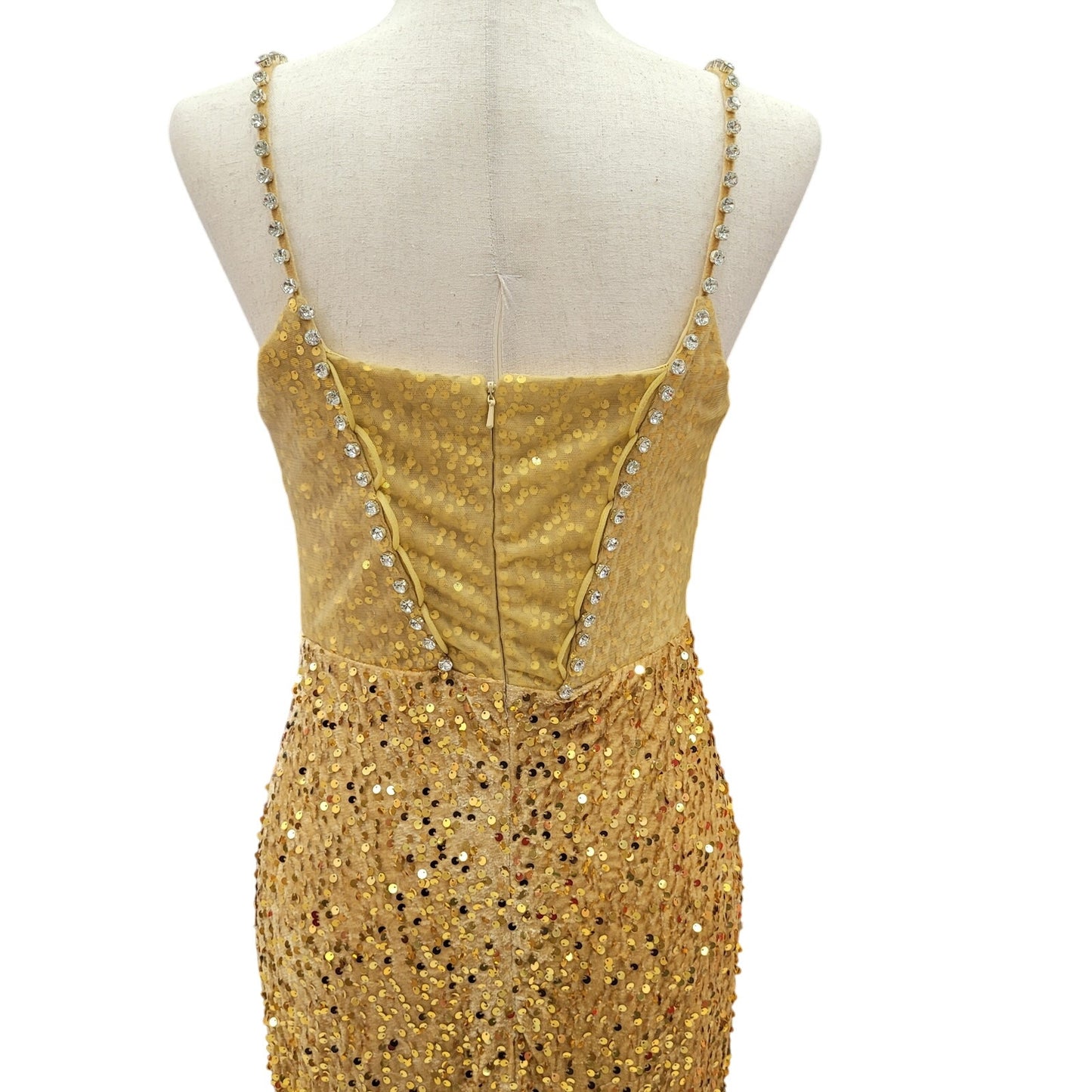Fitted Gold Sequin Gown with Pearl Detail Bust and Tulle Side Train