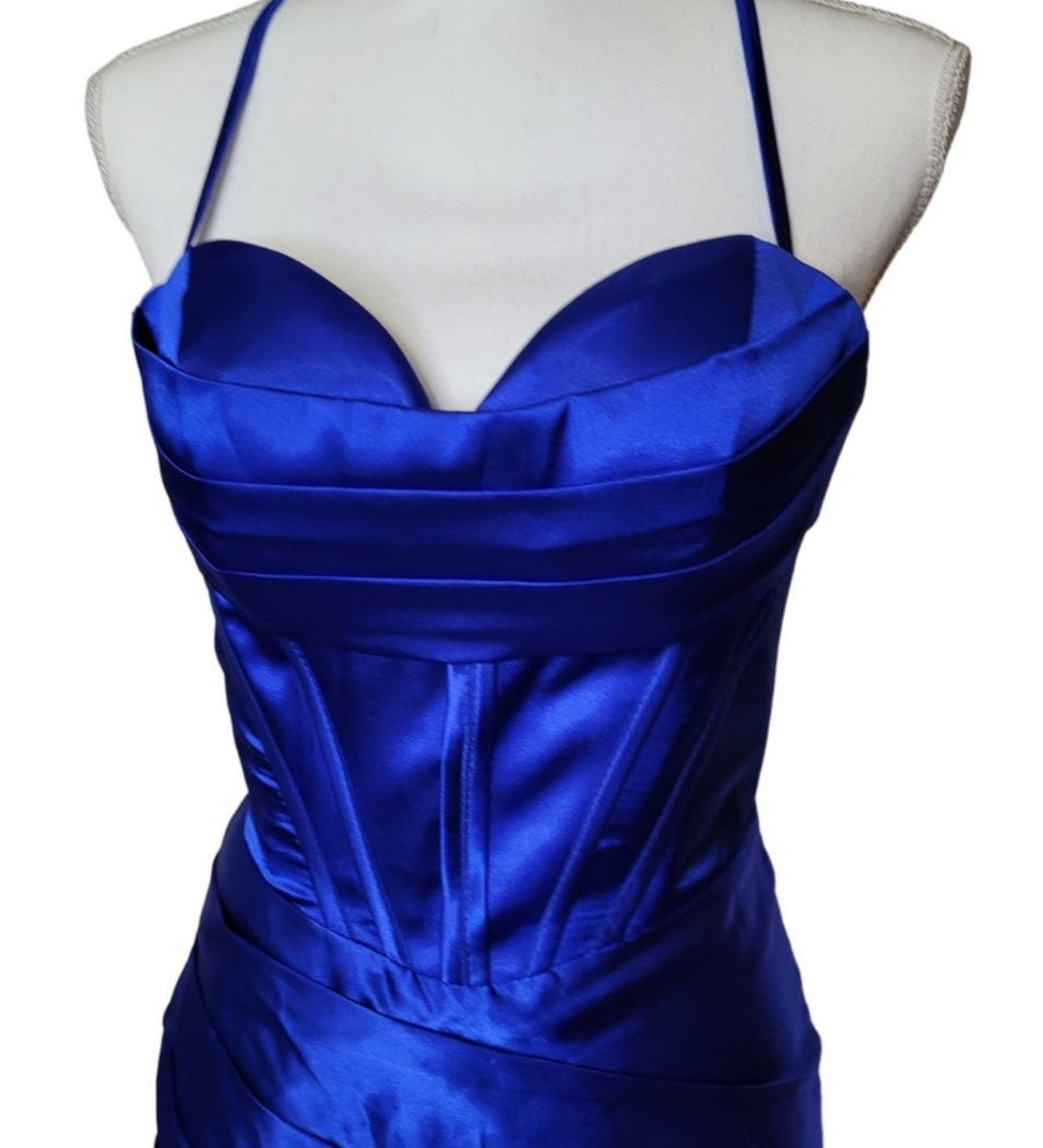 Sapphire Blue Strappy Halo Dress Sweetheart Neckline with Corset Back