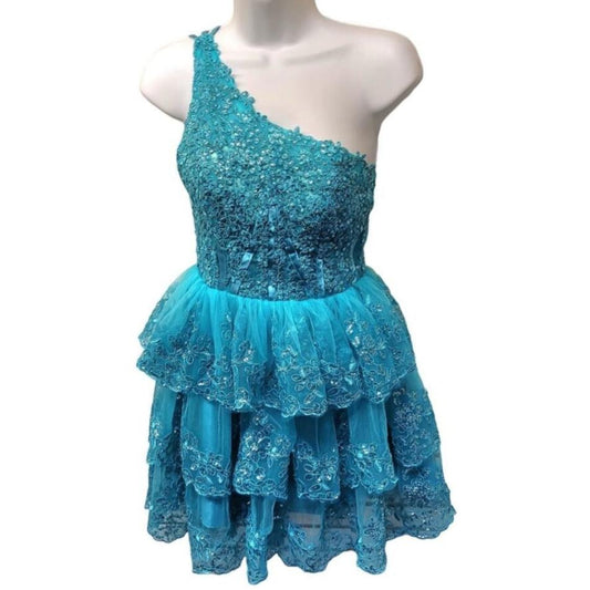 Women's Teal One Shoulder Asymmetrical Tiered Short Dress