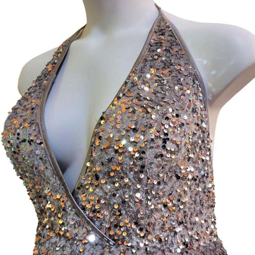 Women's Silver V Neck Halter Short Sequin Dress
