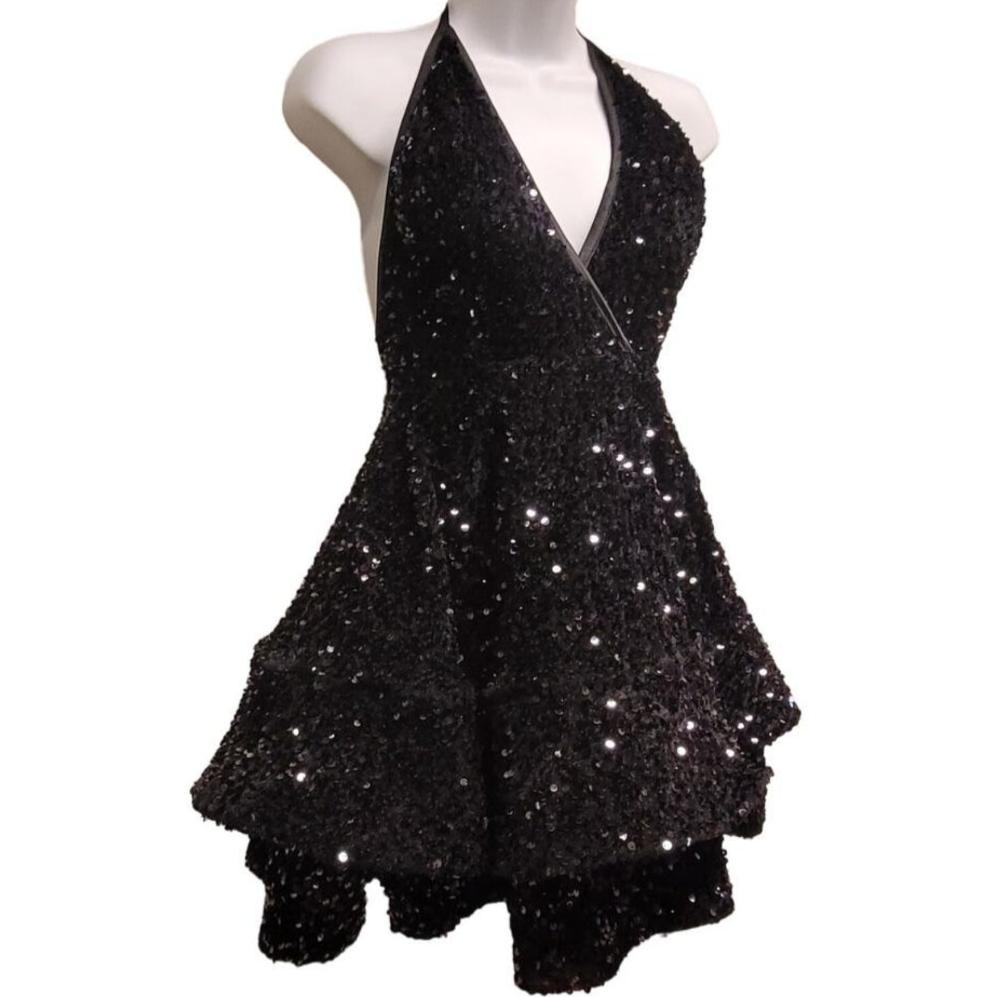 Women's Black Sequin V Neck Halter Short Dress