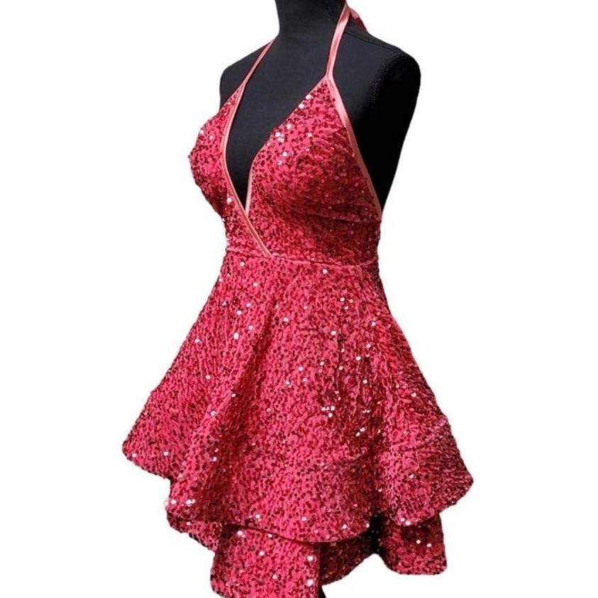 Women's Magenta Pink V Neck Halter Short Dress