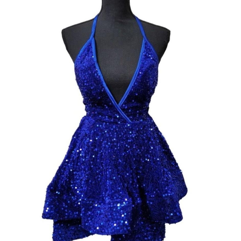 Women's Sapphire Blue V Neck Halter Short Dress