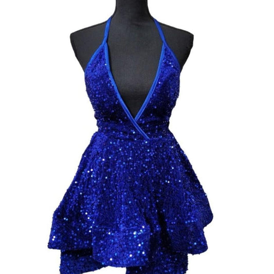 Women's Sapphire Blue V Neck Halter Short Dress