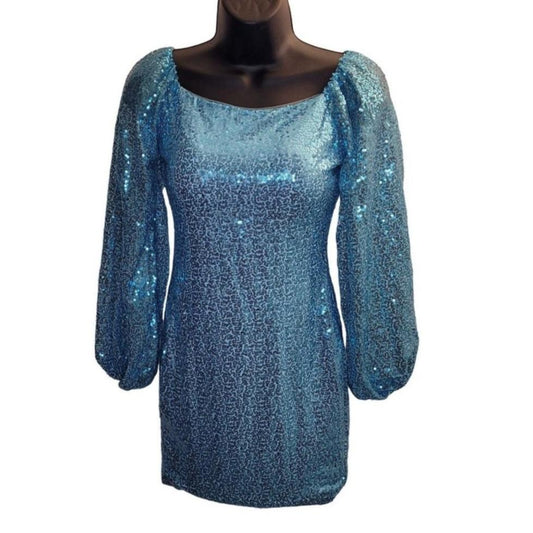 Women's Baby Blue Sequin Long Sleeved Short Dress with Corset Back