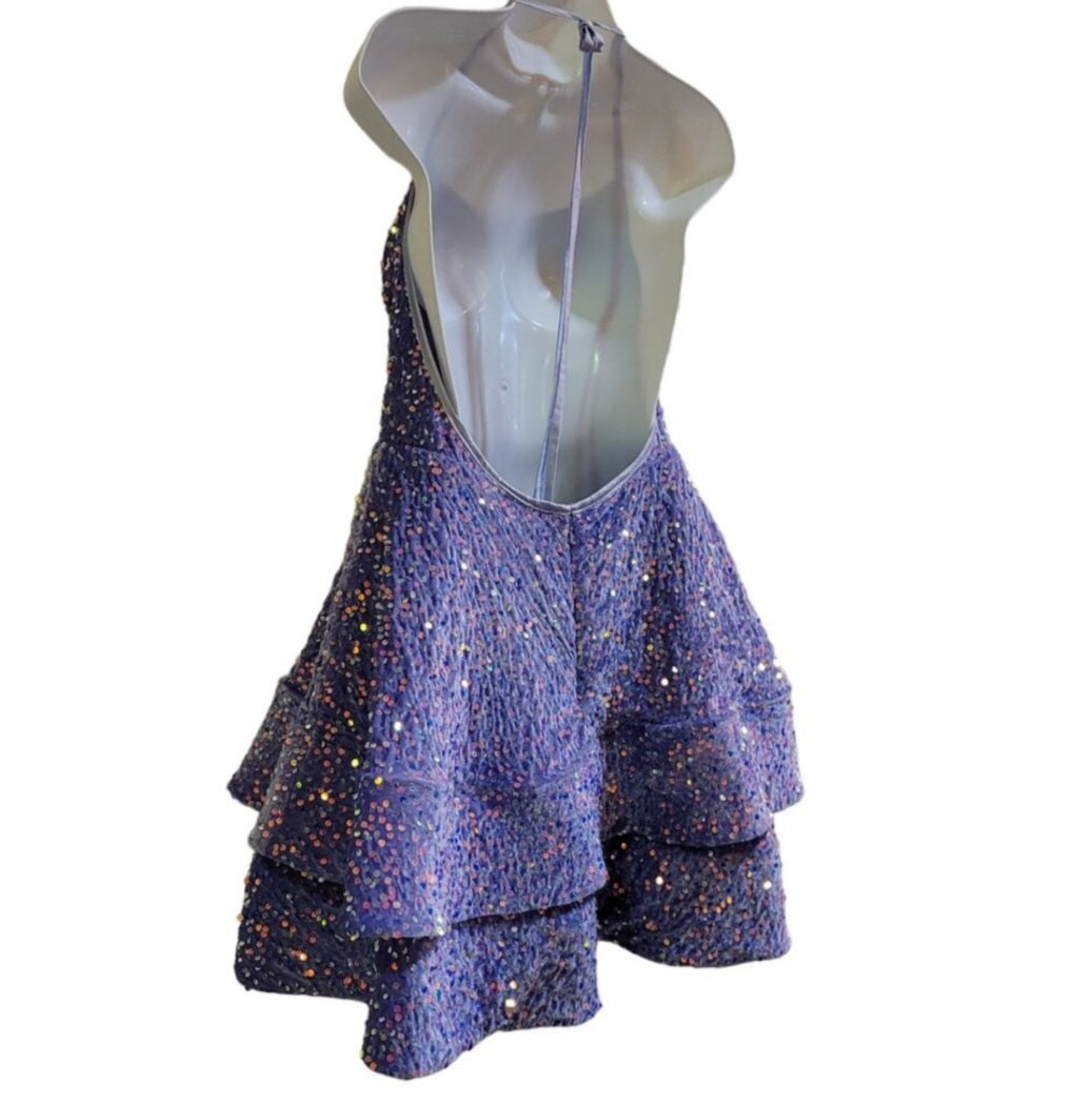 Women's Lilac Scoop Neck Halter Short Sequin Dress