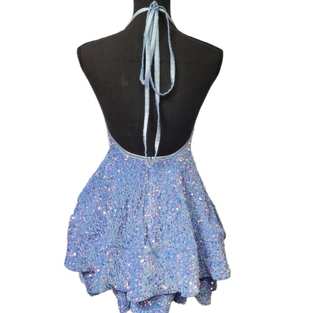 Women's Icy Blue V Neck Halter Short Dress