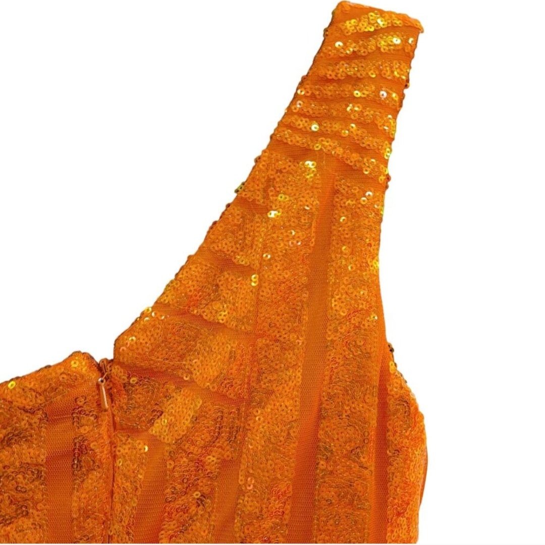 Women's Orange Sequin Pattern One Shoulder Asymmetrical Short Dress
