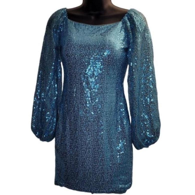 Women's Baby Blue Sequin Long Sleeved Short Dress with Corset Back