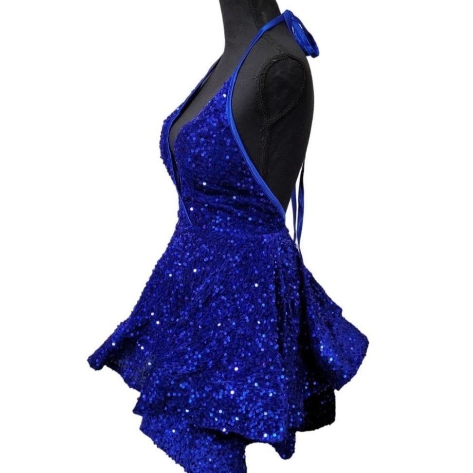Women's Sapphire Blue V Neck Halter Short Dress