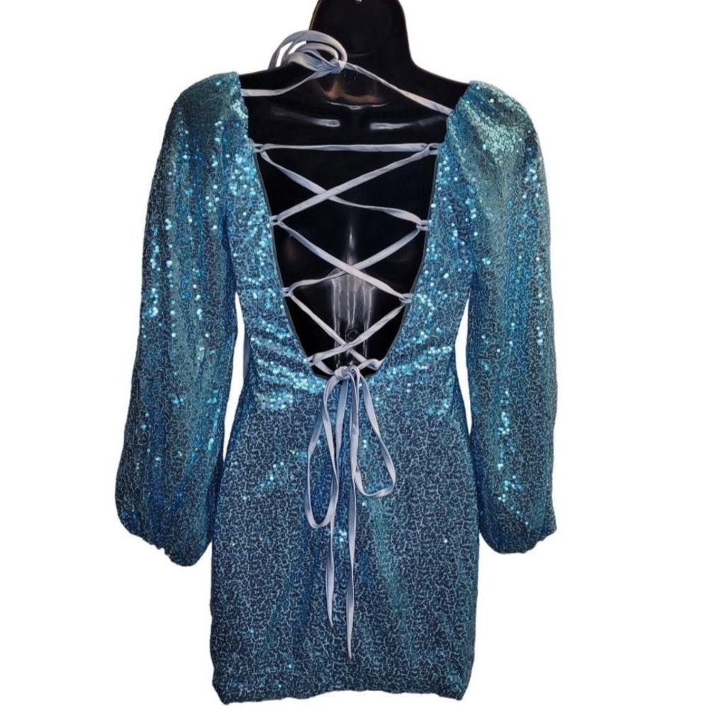 Women's Baby Blue Sequin Long Sleeved Short Dress with Corset Back